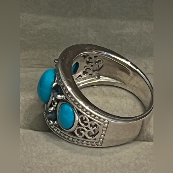 SLEEPING BEAUTY TURQUOISE three stone 925 Sterling Silver Wide Band Ring Size 7 - Picture 2 of 2